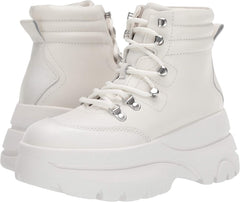 Steve Madden Husky White Leather Lace Up Hiker Wedge Platform Sneaker Ankle Boot