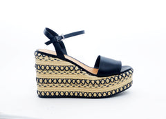 Schutz Lohane Black Espadrille Leather Vamp Ankle Strap Platform Wedge Sandal