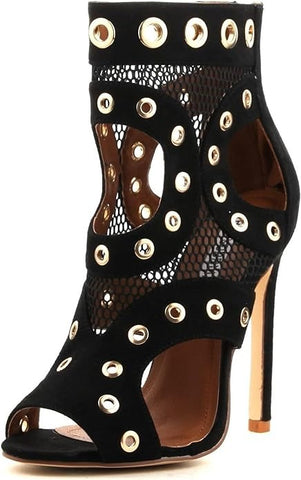 Cape Robbin June-13 Black Grommet Mesh Open Toe Cut-out Sandals Booties Heels