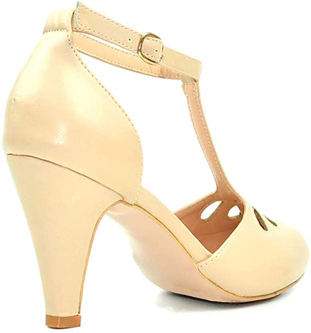 Chase & Chloe Kimmy-36 Women's Teardrop T-Strap Mid Heel Pumps, Nude Pu