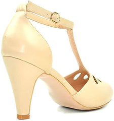 Chase & Chloe Kimmy-36 Women's Teardrop T-Strap Mid Heel Pumps, Nude Pu