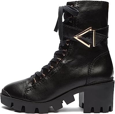 Schutz Black Buckle Lace Up Round Toe Platform Mid Heel Combat Boots