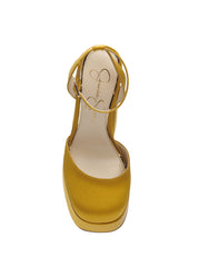 Jessica Simpson Skilla Yellow Mustard Satin Platform Pump Buckle Strap Block Heel