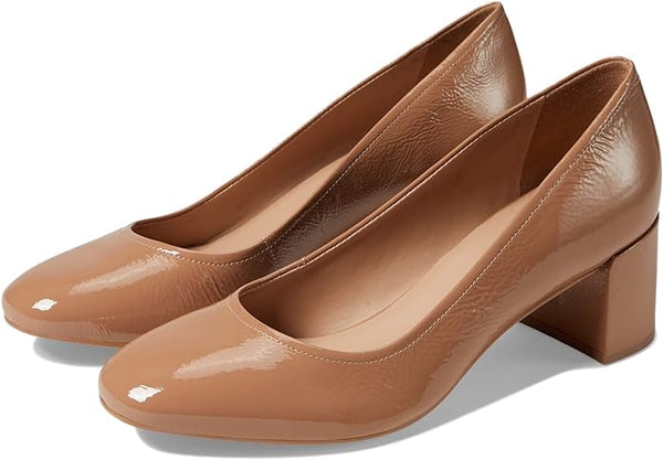 Naturalizer Rebecca Taupe Patent Leather Pointed Toe Block Heeled Slip On Pumps