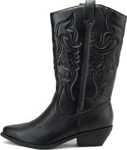 Soda Reno Black Pu Western Cowboy Pointed Toe Knee High Pull On Western Boots