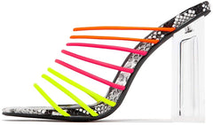 Cape Robbin Fia Neon Multi Strappy Open Toe Chunky Clear Heel Mule Pumps Sandals