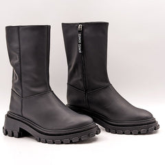 Schutz Juany Winter Black Rounded Toe Mid Calf Lug Sole Block Heeled Ankle Boots