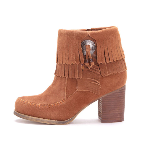Sbicca Women's Jessa Tan Block Heel Fringe Detailed Ankle Suede Western Booties