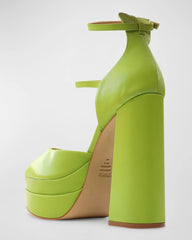 Schutz Elysee Green Double Platform Ankle Strap Pointy Toe Block Heel Dress Pump
