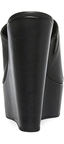 Steve Madden Barona Black Leather Slip On Open Squared Toe Wedges Heeled Sandals