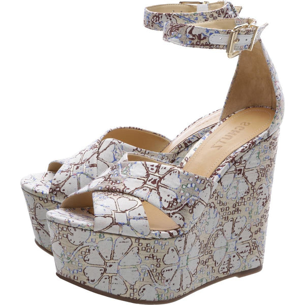 Schutz Serennas White Multi Super High Platform Wedge Printed Ankle Strap Sandal