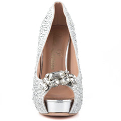 Lauren Lorraine Candy 2 Silver Broach Shimmer Rhinestones Peep Toe Platform Pump