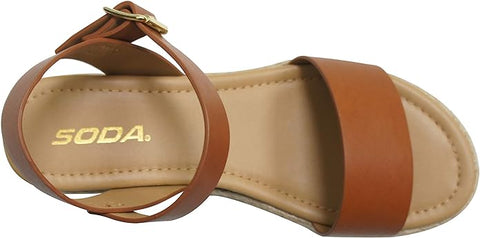 Soda Clip Tan Open Toe Faux Leather Buckle Ankle Strap Wedges Heeled Sandals