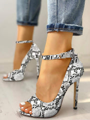 Ermonn Snakeskin Black White Platform Dress Ankle Strap Open Toe Pump Shoes
