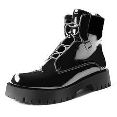 ISOMEI Combat Platform Patent Leather Lace up Ankle Boots Platform Chunky Boots 8