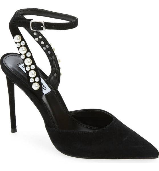 Steve Madden Vary Black Suede Pearl Ankle Strap Pointed Toe Stiletto Pump
