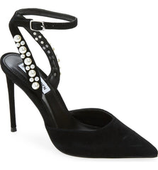Steve Madden Vary Black Suede Pearl Ankle Strap Pointed Toe Stiletto Pump