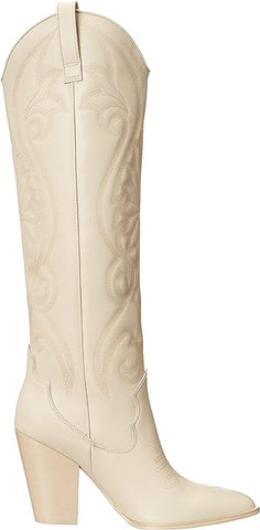 Steve Madden Lasso Bone Leather Pull On Block Heel Pointed Toe Knee High Boots