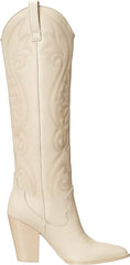 Steve Madden Lasso Bone Leather Pull On Block Heel Pointed Toe Knee High Boots