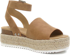 Soda Topic Tan Nubuck Espadrilles Ankle Strap Studded Open Toe Wedge Heel Sandal