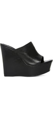 Steve Madden Barona Black Leather Slip On Open Squared Toe Wedges Heeled Sandals