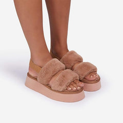 Luxemoda Tata Fluffy Stripe Platform Slip On Open Toe Faux Fur Slippers