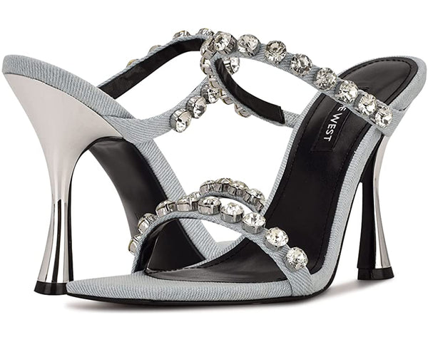 Nine West Aria7 Light Blue Slip On Squared Open Toe Embellished Heeled Sandals