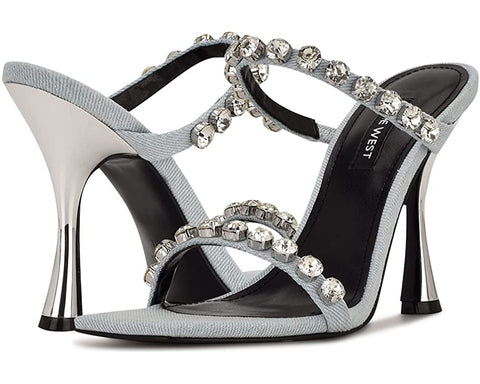 Nine West Aria7 Light Blue Slip On Squared Open Toe Embellished Heeled Sandals