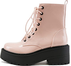 Soda Fling Blush Crk Patent Lace Up Chunky Lug Sole Round Toe Combat Ankle Boots