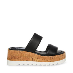 Steve Madden Defuse Black Leather Round Toe Slip On Wedge Platform Sandals