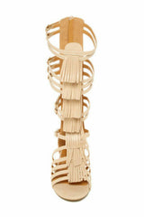 West Blvd Nairobi Nude Leather Flat Open Toe Knee High Gladiator Fringe Sandals