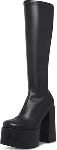Steve Madden Cray Black Squared Toe Pull On Block Heel Knee High Stretchy Boots