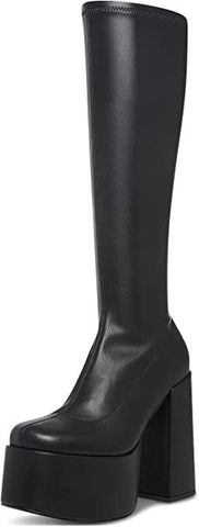 Steve Madden Cray Black Squared Toe Pull On Block Heel Knee High Stretchy Boots