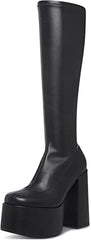 Steve Madden Cray Black Squared Toe Pull On Block Heel Knee High Stretchy Boots