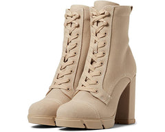 Nine West Vega7 Light Natural Lace Up Textile Rounded Toe Block Heel Ankle Boots
