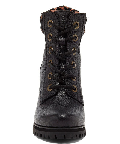 Kelsi Dagger Trek Black/Leopard Lace Up Combat Leather Block Heel Ankle Booties