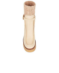 Sam Edelman Sidney Eggshell Leather Pull On Rounded Toe Ribbed Knit Fabric Boots