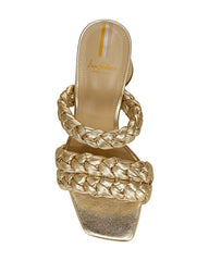 Sam Edelman Kendra Gold Leaf Leather Block Heel Squared Open Toe Slip On Mules