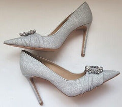 Schutz Meisho Glam Silver Pointed Toe Glittery Upper Stiletto Heel Pumps Shoes
