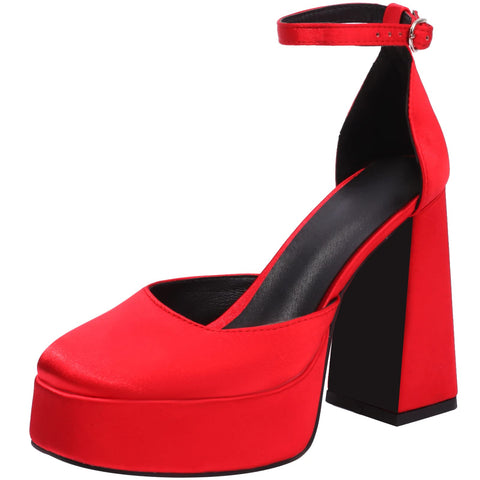 Women's Platform Chunky Heels Closed Toe Block Heel Pumps Square Toe Ankle Strap Pump Shoes