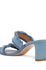 Schutz Amely Mid Block Summer Jeans Double Strap Slip On Open Toe Heel Sandals