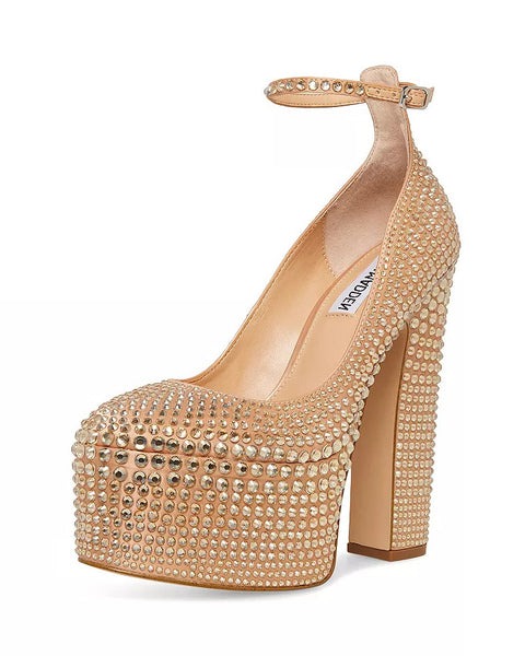 Steve Madden Skyrise Rhinestone Block Heel Ankle Strap Almond Toe Fashion Pumps