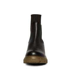 Steve Madden Hayle Black/Olive Chunky Pull On Rounded Toe Fashion Ankle Boots