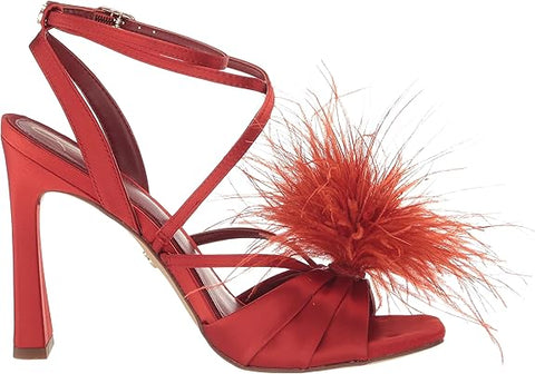 Sam Edelman Layton Red Mahogany Ankle Strap Spool Heeled Feather Detailed Sandals