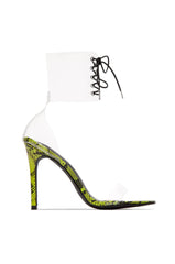 Cape Robbin Passion Neon Yellow Clear Lace Dainty High Heel Sandals Transparent