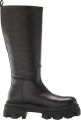 Steve Madden Priority Black Leather Chunky Lug Sole Rounded Toe Pull On Boots