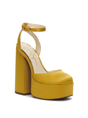 Jessica Simpson Skilla Yellow Mustard Satin Platform Pump Buckle Strap Block Heel