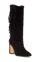 Vince Camuto Sterla Black Suede Mid Calf Fashion Block Heel Fringe Booties