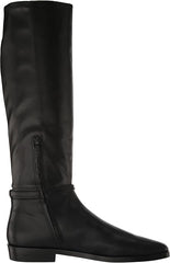 Sam Edelman Clive Black Leather Squared Toe Stacked Heel Knee High Fashion Boots