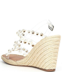 Steve Madden Upright Clear Espadrille Pearl Embellished Strap Wedge Sandals